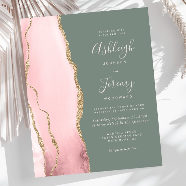 Budget Blush Agate Sage Green Wedding Invitation (Creator Uploaded)