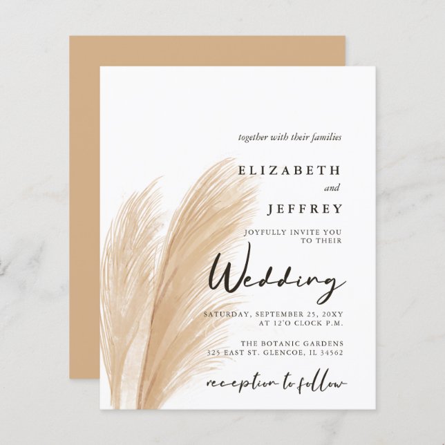 Budget Blush Boho Pampas Wedding Invitation (Front/Back)