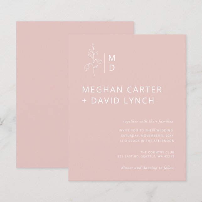 Budget Blush Botanical Monogram Wedding Invitation (Front/Back)