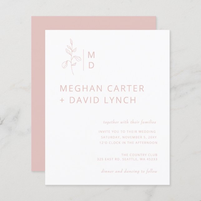 Budget Blush Botanical Monogram Wedding Invitation (Front/Back)