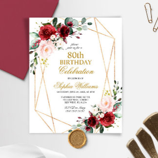 Budget Blush & Burgundy 80th Birthday Invitation