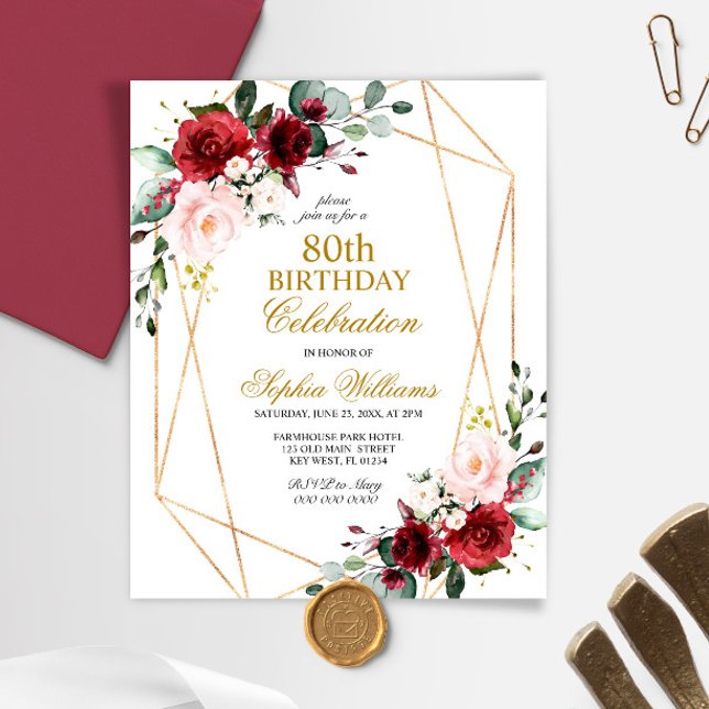 Budget Blush & Burgundy 80th Birthday Invitation (Creator Uploaded)