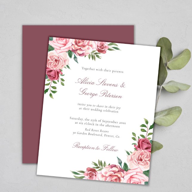 Budget blush burgundy floral wedding invitation (Creator Uploaded)