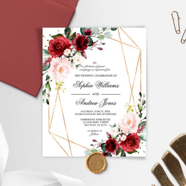 Budget Blush & Burgundy Rose Wedding Invitation (Creator Uploaded)