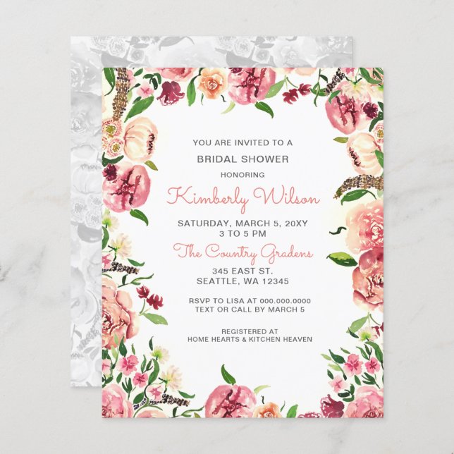 Budget Blush Coral Floral Bridal Shower Invitation (Front/Back)
