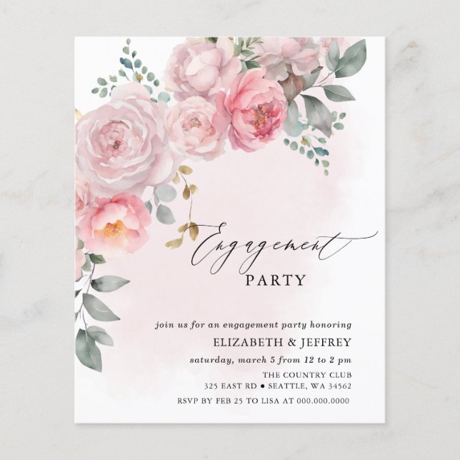Budget Blush Floral Engagement Party Invitations (Front)