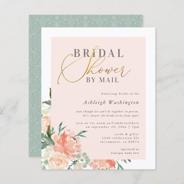Budget Blush Floral Gold Bridal Shower By Mail (Front/Back)