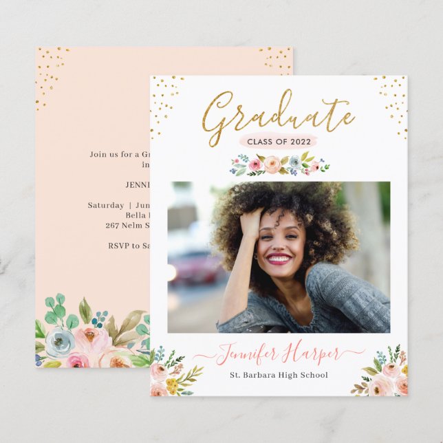 Budget Blush Floral Photo Graduation Announcement (Front/Back)