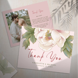 BUDGET Blush Floral Photo Wedding Thank You Card