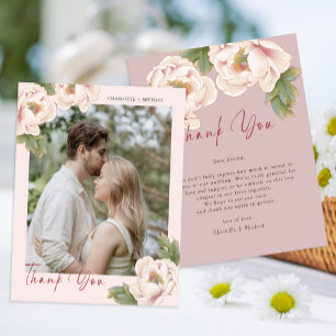 Budget Blush Floral Photo Wedding Thank you Card