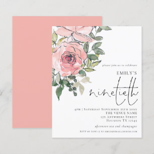 Budget Blush Florals Ninetieth Party Invitation