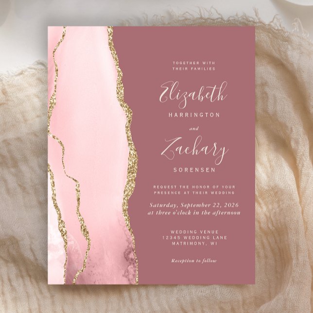 Budget Blush Gold Agate Rose Wedding Invitation (Creator Uploaded)