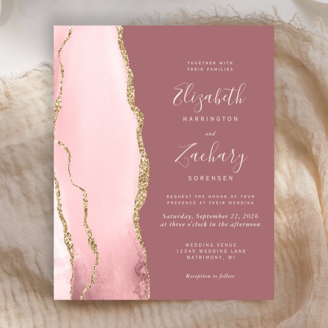Budget Blush Gold Agate Rose Wedding Invitation (Creator Uploaded)