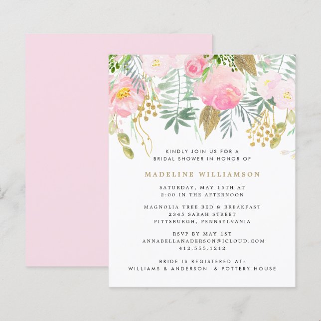 Budget Blush Gold Floral Bridal Shower Invitation  (Front/Back)