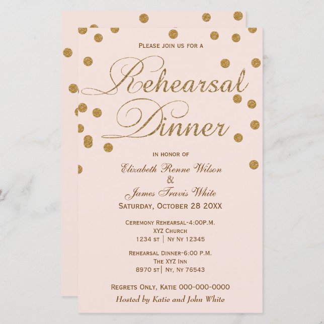 Budget Blush Gold Glitter Rehearsal Dinner Invite (Front/Back)
