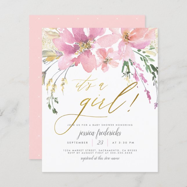 Budget Blush & Gold It's A Girl Floral Baby Shower (Front/Back)