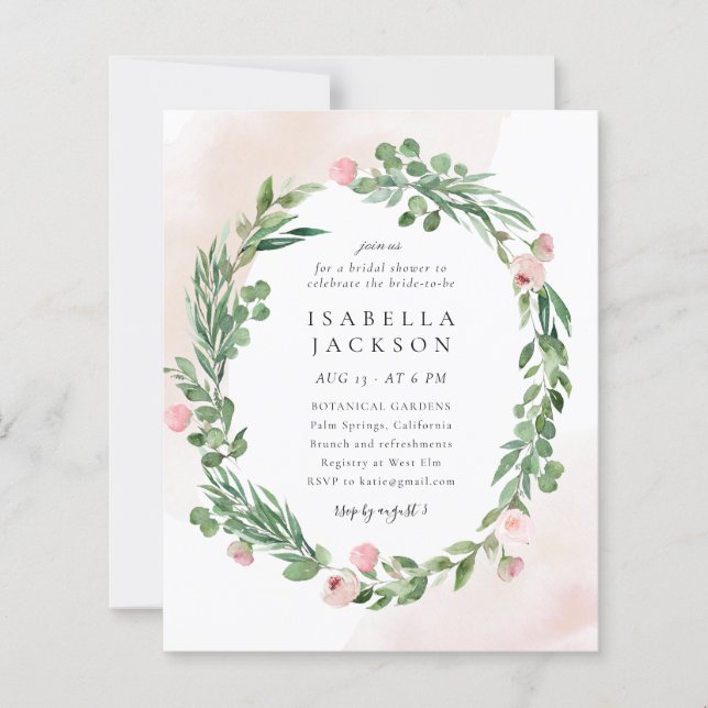 Budget Blush Greenery Foliage Bridal Shower Invite (Front)