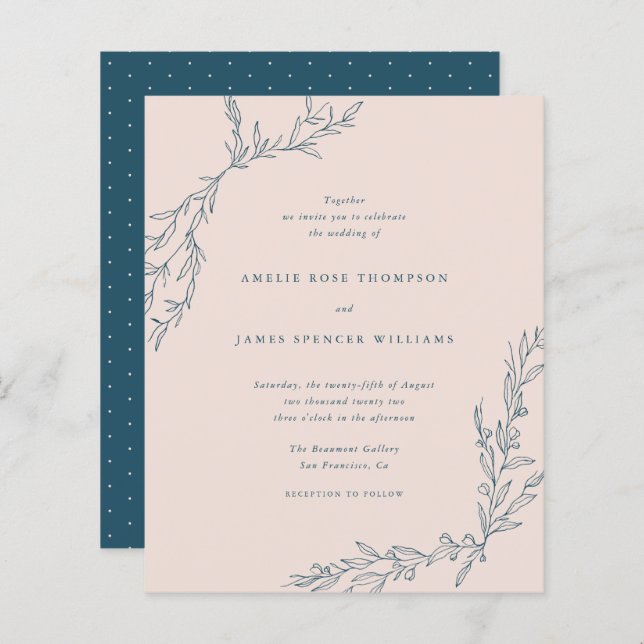 Budget Blush & Navy Hand-drawn Botanical Wedding (Front/Back)