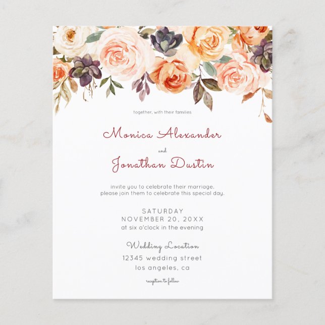 Budget Blush & Peach Floral Wedding Flyer (Front)
