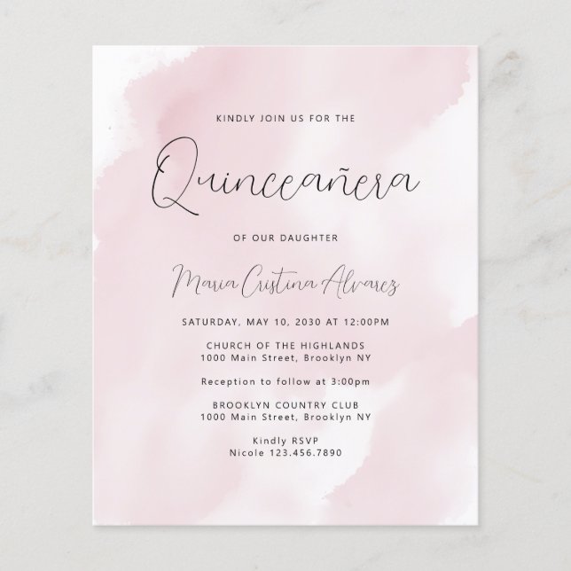 Budget Blush Pink 15th Birthday Quinceañera Invite (Front)