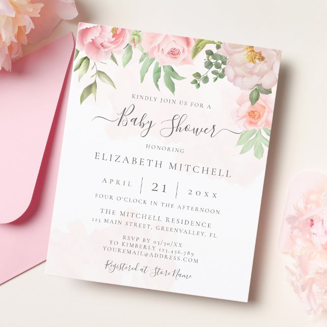 Budget Blush Pink Floral Baby Shower Invitation (Creator Uploaded)