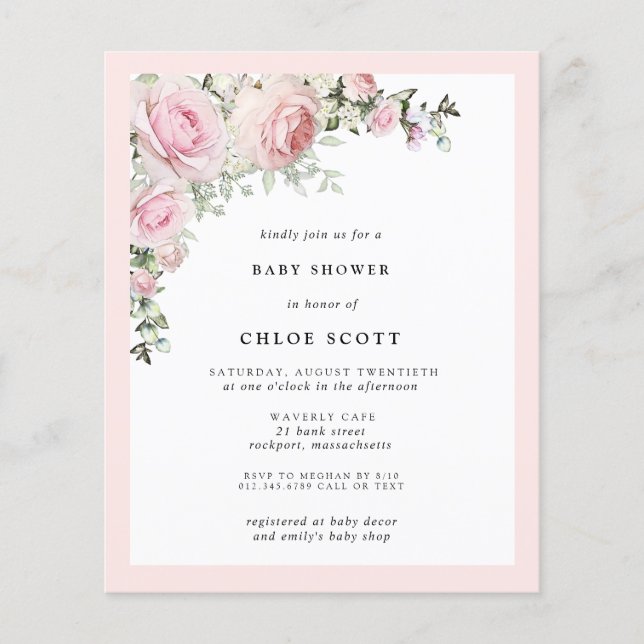 Budget Blush Pink Floral Baby Shower Invitation (Front)
