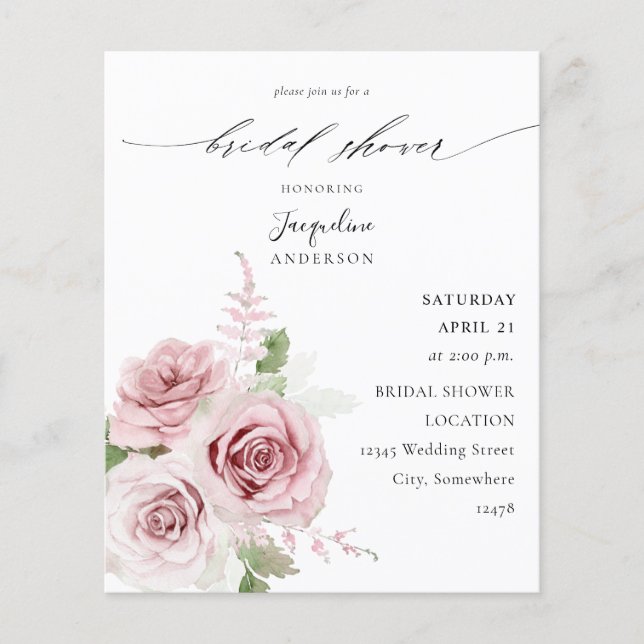 Budget Blush Pink Floral Bridal Shower Flyer (Front)