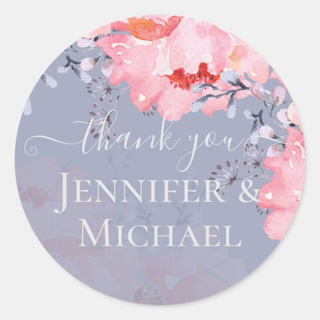 Budget Blush Pink Floral Dusty Blue Wedding Classic Round Sticker (Front)