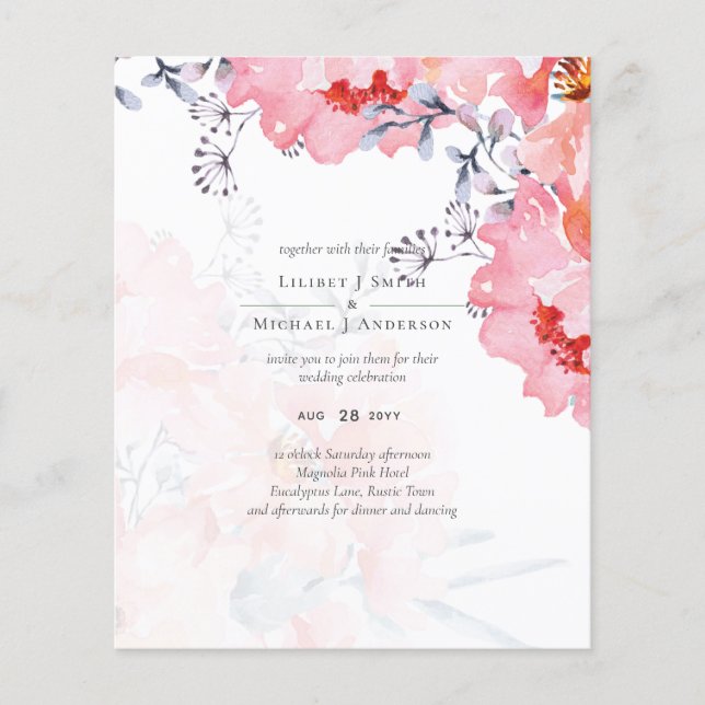 Budget Blush Pink Floral Dusty Blue Wedding Flyer (Front)