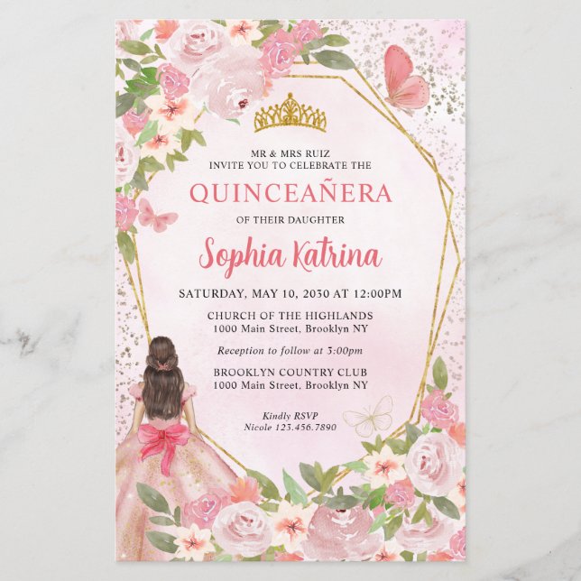Budget Blush Pink Floral Gold Princess Quinceañera (Front)