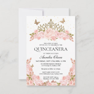 BUDGET Blush Pink Floral Gold Tiara Quinceanera Card
