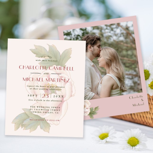 BUDGET Blush Pink Floral Photo Wedding Invitation (Creator Uploaded)