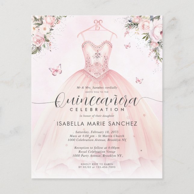 Budget Blush Pink Floral Princess Gown Quinceanera (Front)