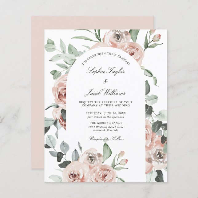 Budget Blush Pink Floral Roses Wedding Invitation (Front/Back)