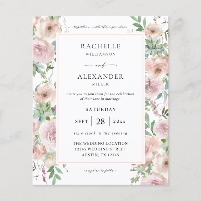 Budget Blush Pink Floral & Succulent Wedding 2 Flyer (Front)