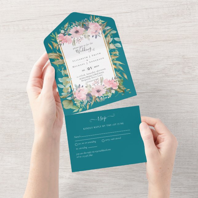 BUDGET  Blush Pink Floral Wedding All In One Invitation (Tearaway)