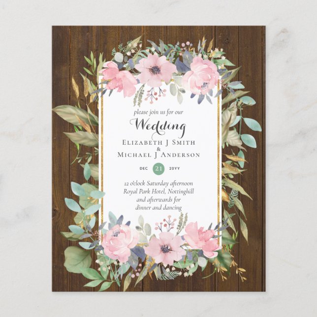 BUDGET Blush Pink Floral Wedding Invitations Flyer (Front)