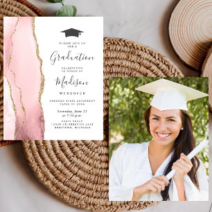 Budget Blush Pink Gold Agate Graduation Invite