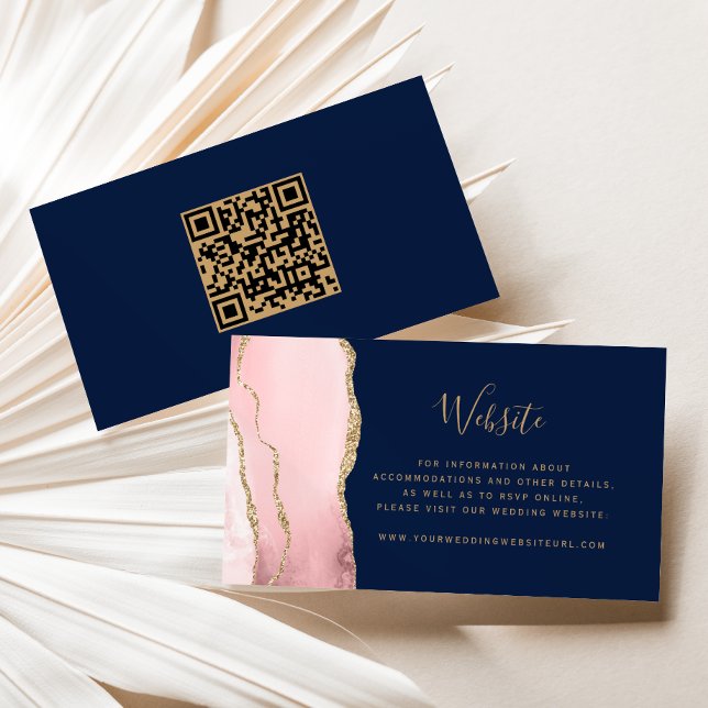Budget Blush Pink Gold Agate Navy Wedding QR Code Enclosure Card (Creator Uploaded)