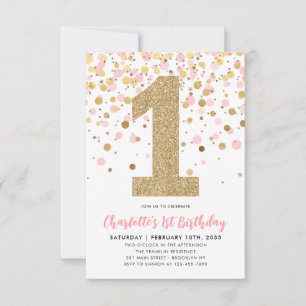 Budget Blush Pink Gold Confetti Girl 1st Birthday Card