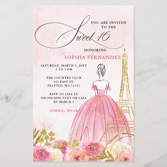 Budget Blush Pink Gold Eiffel Tower Paris Sweet 16 (Front)