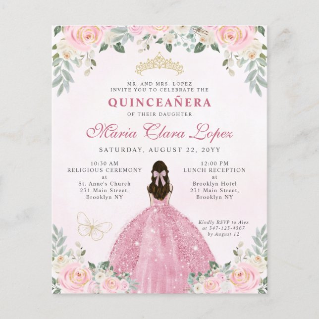 Budget Blush Pink Gold Floral Princess Quinceañera (Front)