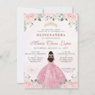 Budget Blush Pink Gold Floral Princess Quinceañera Card