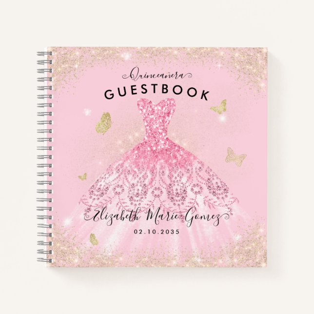 Budget Blush Pink Gold Glam Quinceanera Guestbook  Notebook (Front)