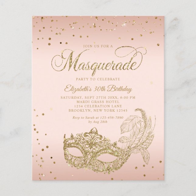 BUDGET Blush Pink Gold Glitter Masquerade Birthday (Front)