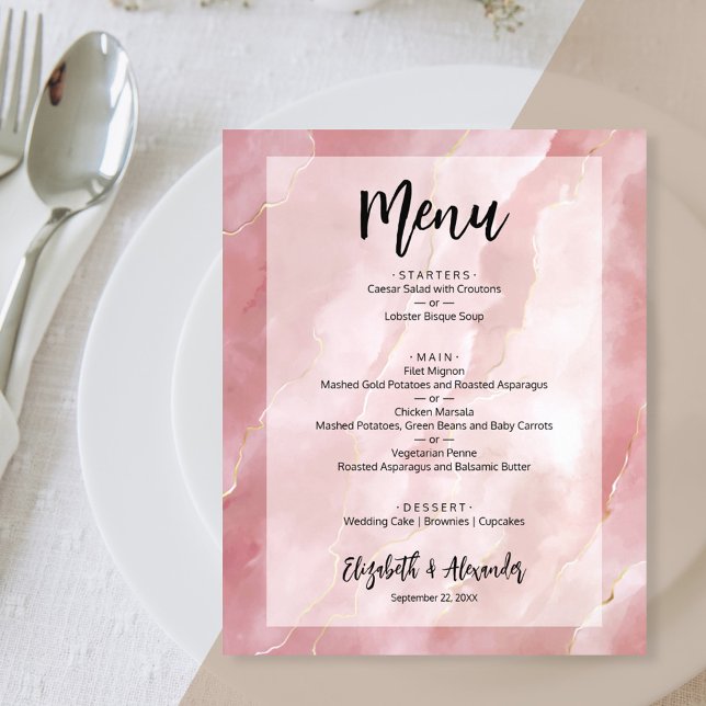 Budget Blush Pink Marble Wedding Menu (Creator Uploaded)