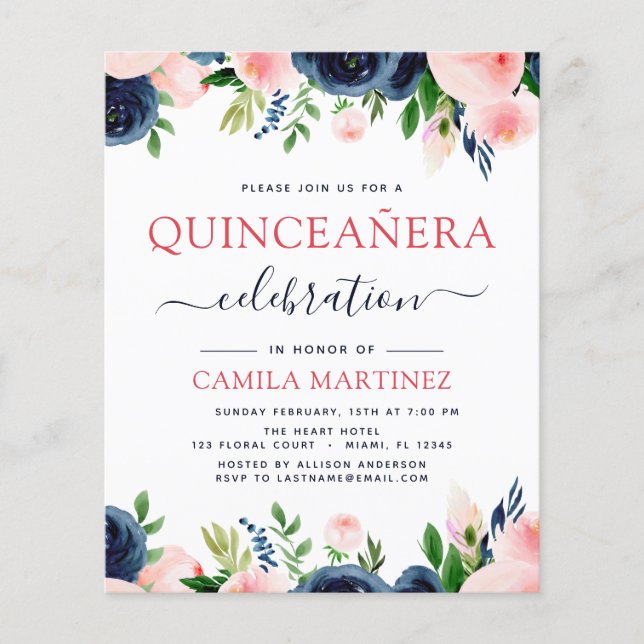 Budget Blush Pink Navy Blue Floral Quinceanera Flyer (Front)