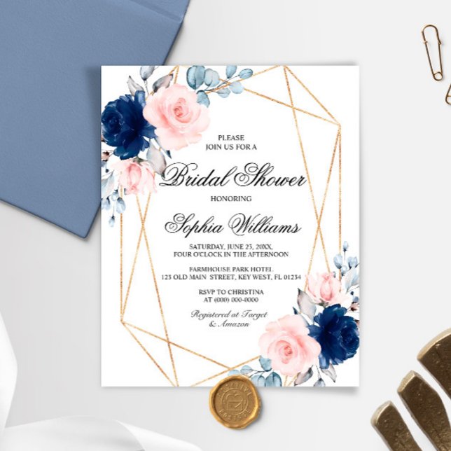 Budget Blush Pink & Navy Bridal Shower Invitation (Creator Uploaded)
