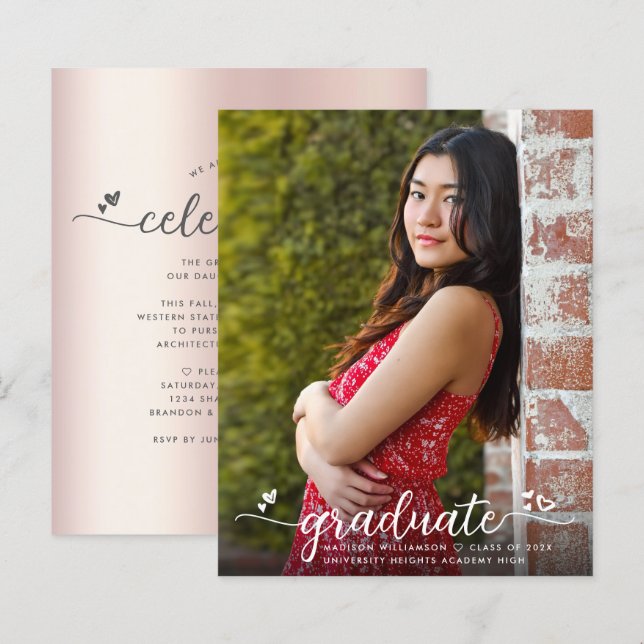 Budget Blush Pink Photo Graduation Script Invite (Front/Back)