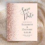 Budget Blush Pink Rose Gold Glitter Save the Date<br><div class="desc">The left-hand edge of this elegant modern wedding save the date card features a rose gold faux glitter border. The customisable text combines charcoal grey handwriting,  copperplate and italic fonts on a blush pink background. The reverse side features a matching blush pink and rose gold design.</div>